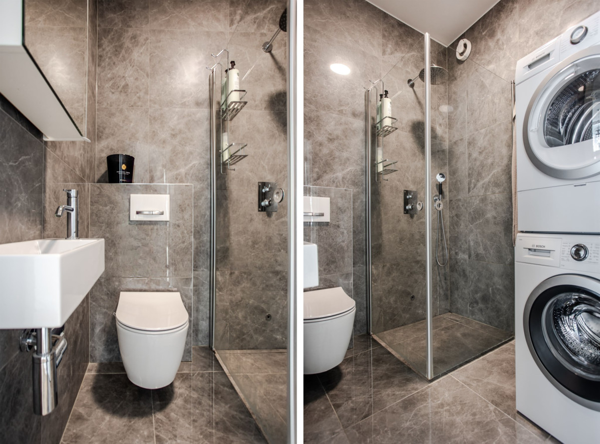 Ett av två exklusiva badrum. Riktigt fina detaljer så som inbyggda blandare och golvvärme. Drottninggatan 53B