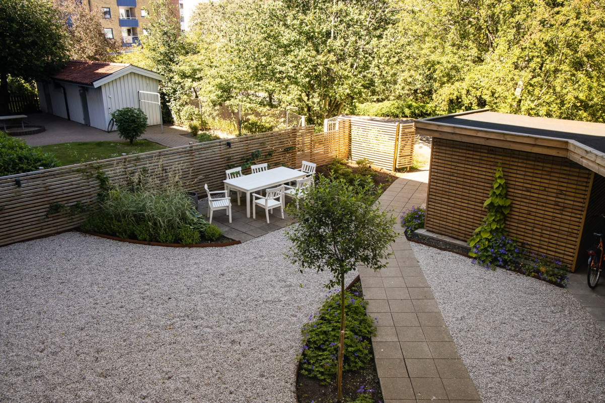 Mysig innergård med sittgrupp och plats för cyklar under tak Lilla Möllevångsgatan 8