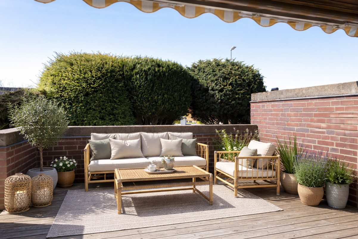 Serene outdoor patio with lush greenery Lövängsvägen 24